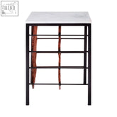 Black metal wine rack table with white marble top and rustic wooden sides from templar white marble collection