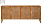 Rattan sideboard with four woven paper rope doors and gold-tone handles made from mango wood paper