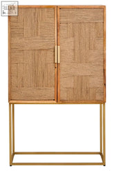 Teora two door mango wood cabinet with paper rope detail and gold metal legs in rattan and wood design