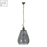 Terina large pendant light featuring a teardrop-shaped frosted gray glass with brass-toned metal hardware