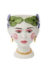 White ceramic planter bust statue testa di moro flora with pink cheeks red lips gold jewelry and purple flowers on head