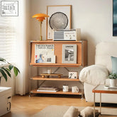 A minimalist wooden thalia multifunctional sideboard with metal frame perfect for hallway storage featuring books mugs and decor