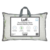 The cambridge firm bamboo pillow white memory foam with green leaf pattern and gray trim in a branded carry bag