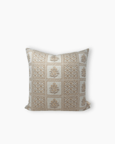 Beige and cream margot meadow floral cushion with intricate floral geometric patterns and muted yellow accents