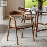 Modern wooden dining chair pack of 2 with curved backrest and beige upholstered seat in walnut finish