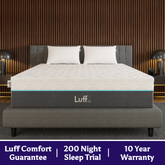 The prestige hybrid bamboo mattress is a white quilted mattress with a gray base teal trim and luff brand logo on the side