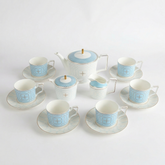 Elegant regent blue bone china tea set with light blue geometric patterns and gold accents