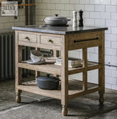Rustic small manor kitchen island with dark stone countertop and distressed wooden finish perfect for small spaces