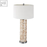 Thermae small table lamp with iridescent mother of pearl mosaic base and polished chrome accents for small table use