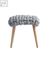 Gray knitted fabric knot dressing table stool with thick knot design and light wood legs for dressing table use