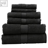 Black plush towel set with textured fabric and woven band detail from thread and loom 6 piece poppy seed towels