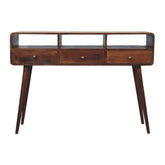 Mid-century modern wooden console table with three drawers and glass-front shelves on tapered legs