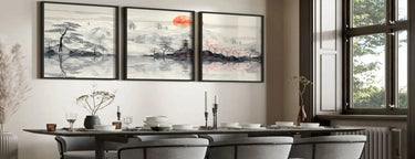 Three framed posters featuring minimalist landscape wall art prints with orange sun for living room decor