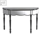 Black tiffany mirrored console table with scalloped edge and turned wooden black legs