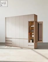Modern minimalist tiwari small wardrobe with two-tone beige and wood door wardrobe and open shelves offer financing available