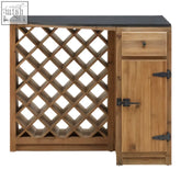 Toba bar island with large wine rack made of recycled pine wood and dark stone top with rustic metal hardware