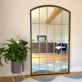 Arched full length lattice window mirror with black frame and gold metal grid 180cm x 105cm