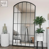Black metal arched lattice window mirror with rectangular panes full length window mirror 150cm x 60cm