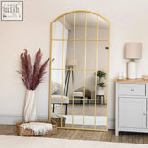 Full length gold metal arched lattice window mirror with gold metal frame and rectangular grid panes 150cm x 60cm