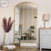 Tomi full length gold metal lattice window mirror with arched frame and rectangular panes measuring 180cm by 90cm