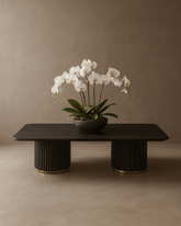 Lantine Coffee Table - Double Pedestal - Black Oak & Brass