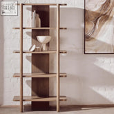 Modern minimalist torello five tier grey shelf unit made of mango wood with vertical ribbed panels and slender shelves