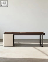Modern minimalist office desk with dark wood top black metal legs and cream storage unit with offer financing and shipping cost options