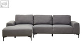 Modern grey fabric left chaise sofa with sleek black metal legs and plush cushioning for stylish living spaces