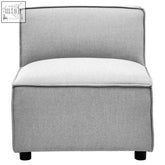 Toulouse grey fabric armless chair with white cushioned seat and black legs perfect for fabric armless modular setups