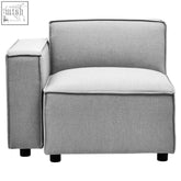 Modern grey fabric left arm modular sofa with grey upholstered armchair and white seat cushion on black legs