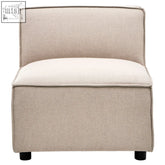 Beige natural fabric armless modular sofa chair with off-white cushion and black cylindrical legs easy to mix and match
