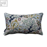Rectangular Tree of Life Eden cushion with woven stylized trees and birds in navy, gold, red, green on textured fabric using ethically sourced materials