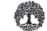 Black metal tree of life wall hanging with intricate celtic knotwork and weather-proof coating for outdoor display