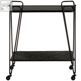 Black metal trento bar trolley with glass top and textured shelf on caster wheels for easy bar trolley mobility