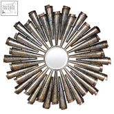 Tribeca silver wall mirror with a silver-toned sunburst design featuring radiating metallic tubes and a circular center