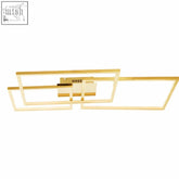 Gold-toned geometric four square ceiling light with intersecting rectangular frames and central housing