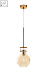 Gold-toned rounded pendant light with spherical amber glass shade and minimalist metal frame trieste rounded pendant light