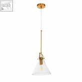 Gold-finished tapered pendant light with clear glass cone shade and exposed filament bulb perfect for stylish lighting