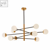 Modern ten bulb pendant light with central brass rod and black arms holding frosted glass globe shades Trieste design