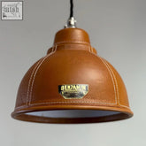 Brown leather pendant lamp with white stitching brass plaque and pre-wired bulb holder in 8.5 inch pendant set
