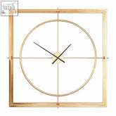 Gold-toned metal wall clock with square frame minimalist circular design and black hands for stylish wall decor