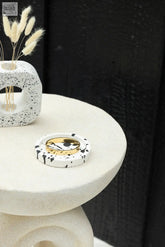 Trinket dish splatter with white speckled terrazzo and gold circular insert perfect for holding small items