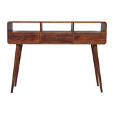 Mid-century modern wooden console table with three drawers and tapered legs in chestnut finish
