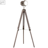 Tripod floor lamp 65L with brushed metal spotlight head on rustic wooden tripod base in wood and bronze color