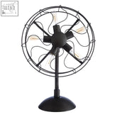 Black metal trissoni vintage fan table lamp with matte silver finish and exposed filament bulbs for stylish lighting