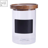 Clear glass tromso glass storage jar with acacia lid and black chalkboard label 950 ml capacity