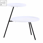Modern trosa two tie side table with two white circular tops and slender black metal legs