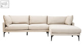 Beige upholstered cream three seat right chaise sofa with black metal legs perfect for modern living rooms