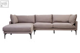 Beige troyes grey left chaise sofa with black metal legs and matching throw pillows in a cozy sectional design