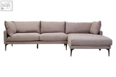 Beige upholstered troyes grey three seat right chaise sofa with black metal legs and matching throw pillows